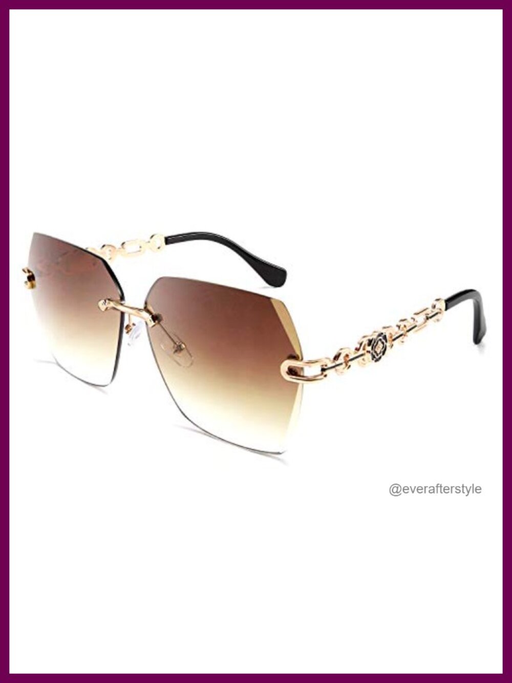 Rimless Sunglasses with Gold Chain Metal Frame, UV400 Diamond Cutting, Women's